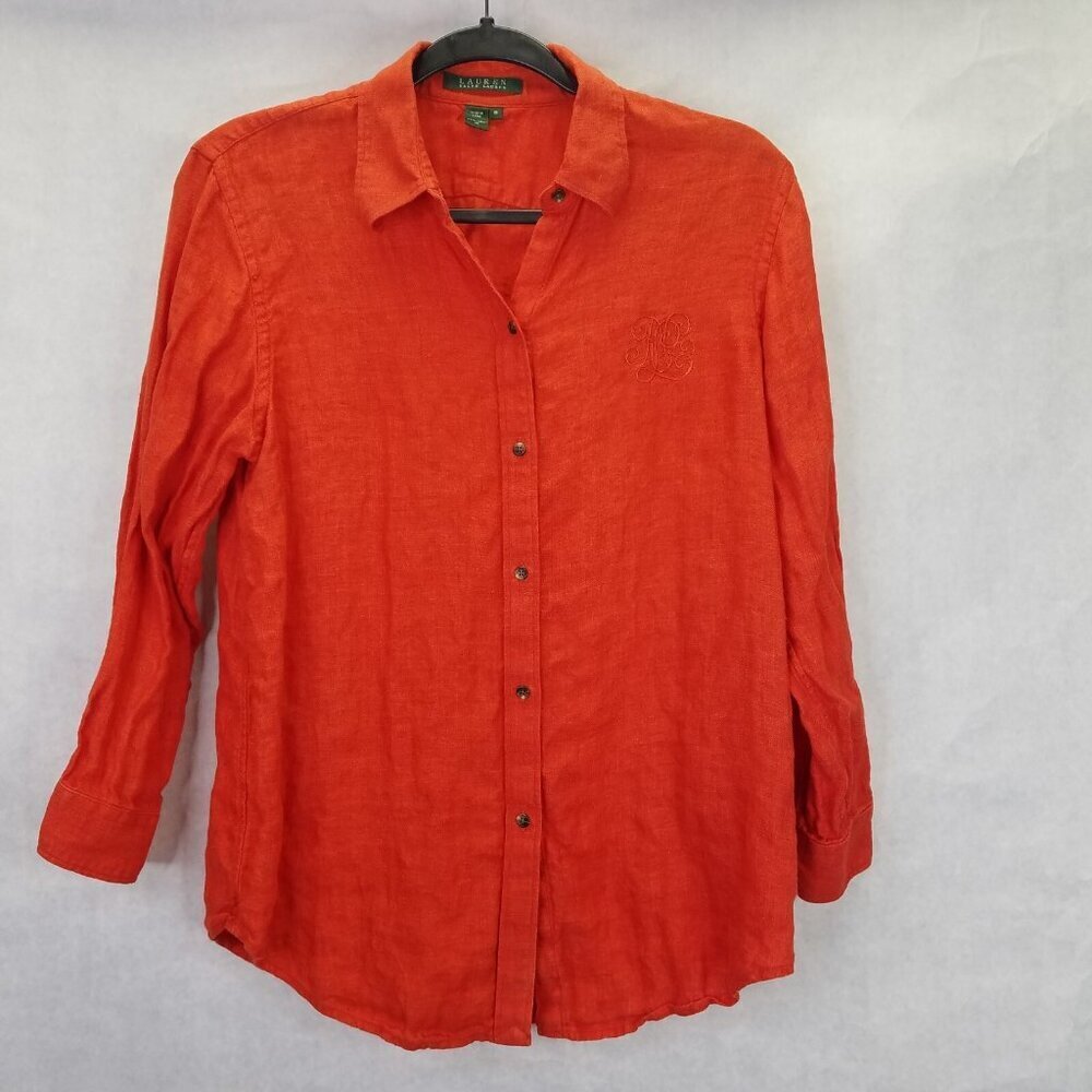 LRL Ralph Lauren Button Up Shirt Womens M Linen Embroidered Logo Academia Preppy